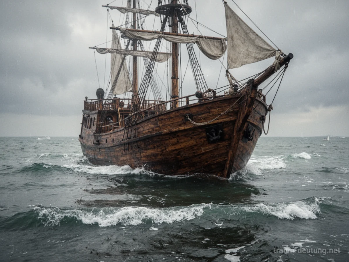 Ein großes Holzschiff, das teilweise im Wasser versunken ist