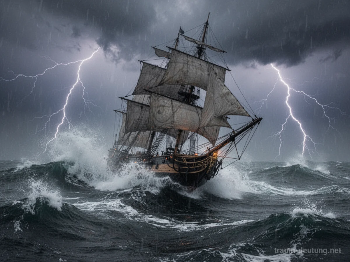 Ein Segelschiff wird von stürmischer See und Wellen bedrängt.