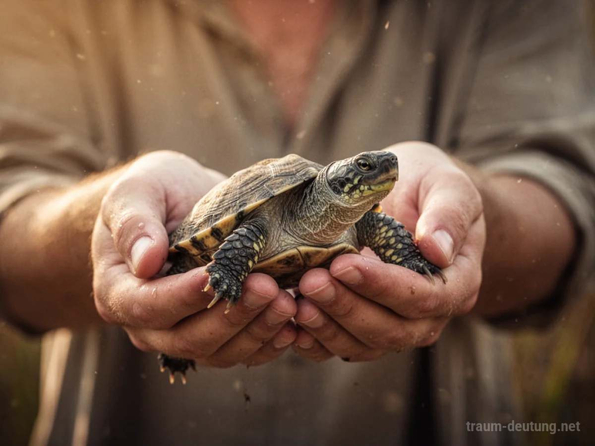 Eine Person hält eine kleine Schildkröte in ihren Händen.
