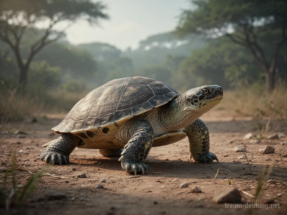 Eine Schildkröte bewegt sich langsam über trockenes Land.