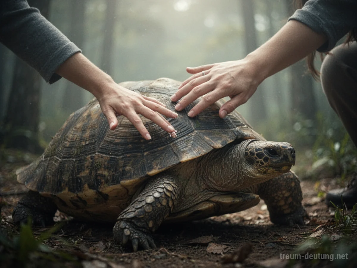 Eine Hand nähert sich einer Schildkröte im Wasser