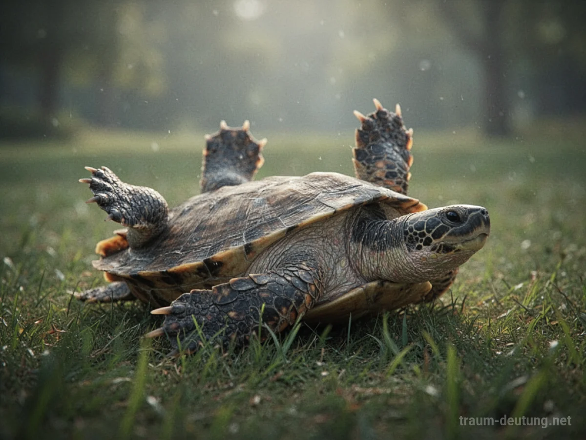 Eine Schildkröte liegt hilflos auf dem Rücken im Gras.