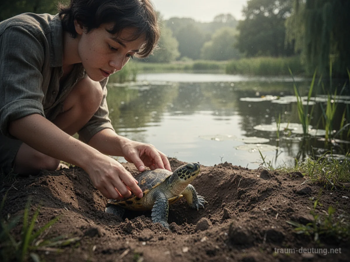 Eine kleine Schildkröte taucht aus der Erde nahe einem Teich auf.