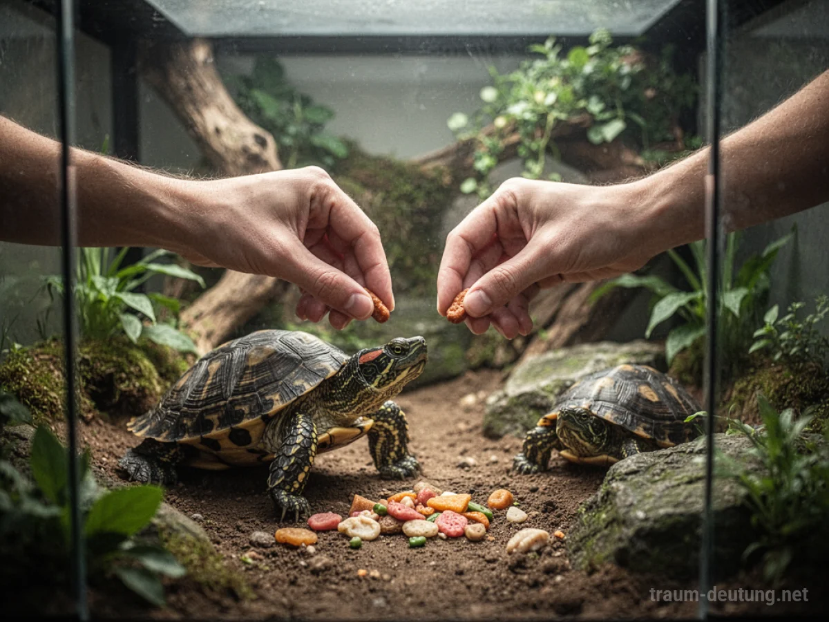 Hände reichen einer Schildkröte Futter im Traum