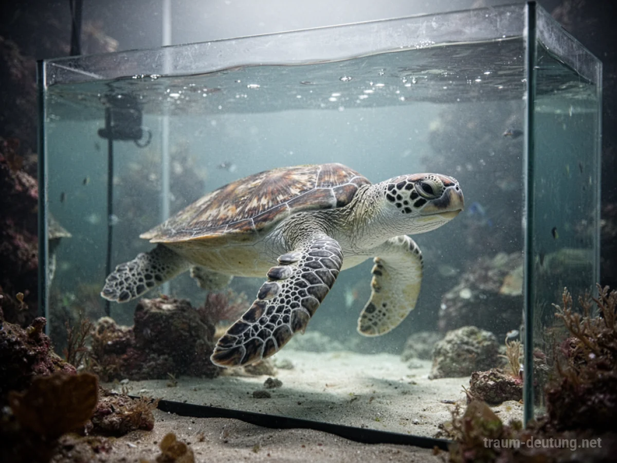 Schildkröte schwimmt friedlich in einem Aquarium.