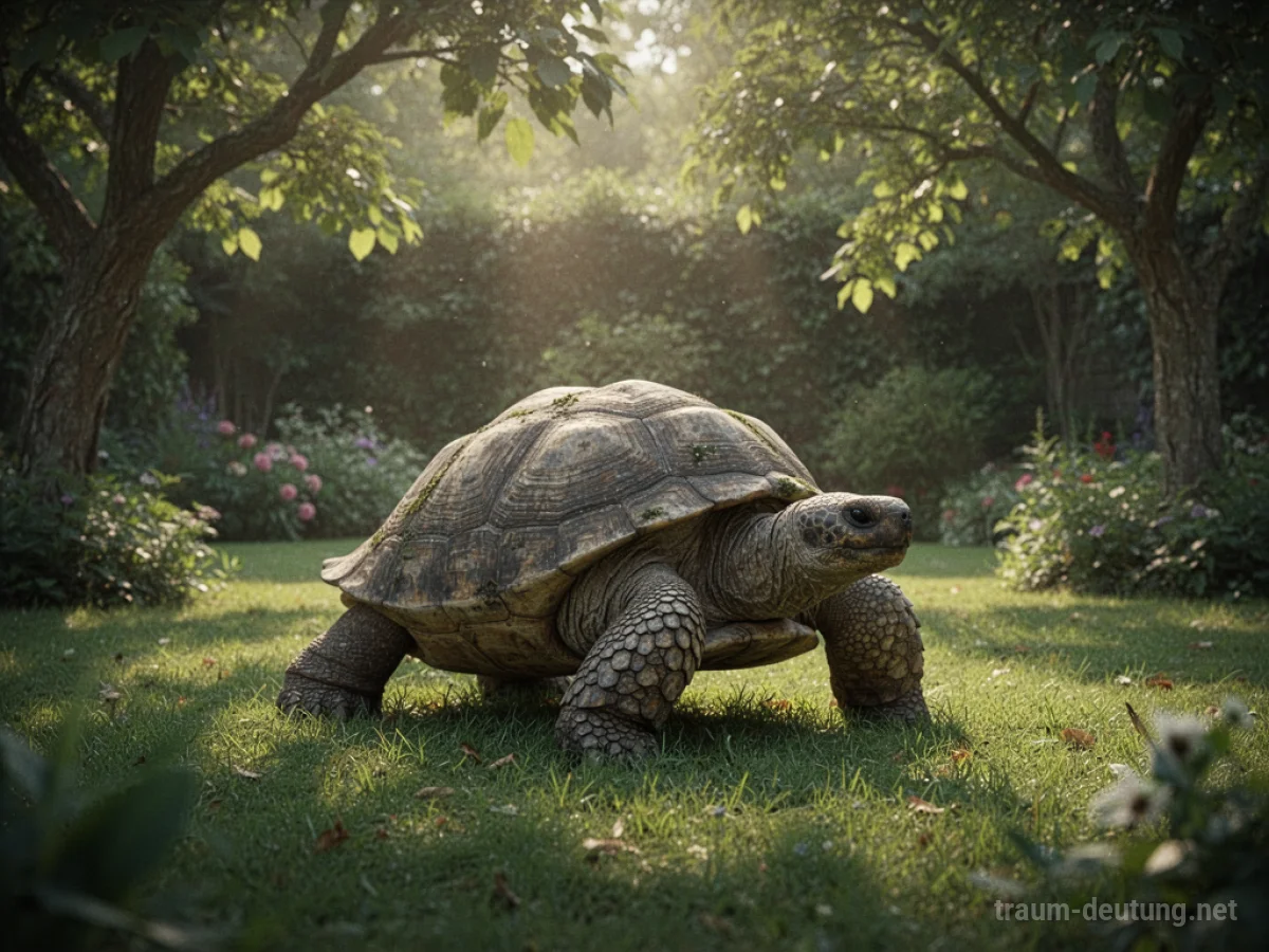 Eine Schildkröte bewegt sich langsam durch einen sonnigen Garten.