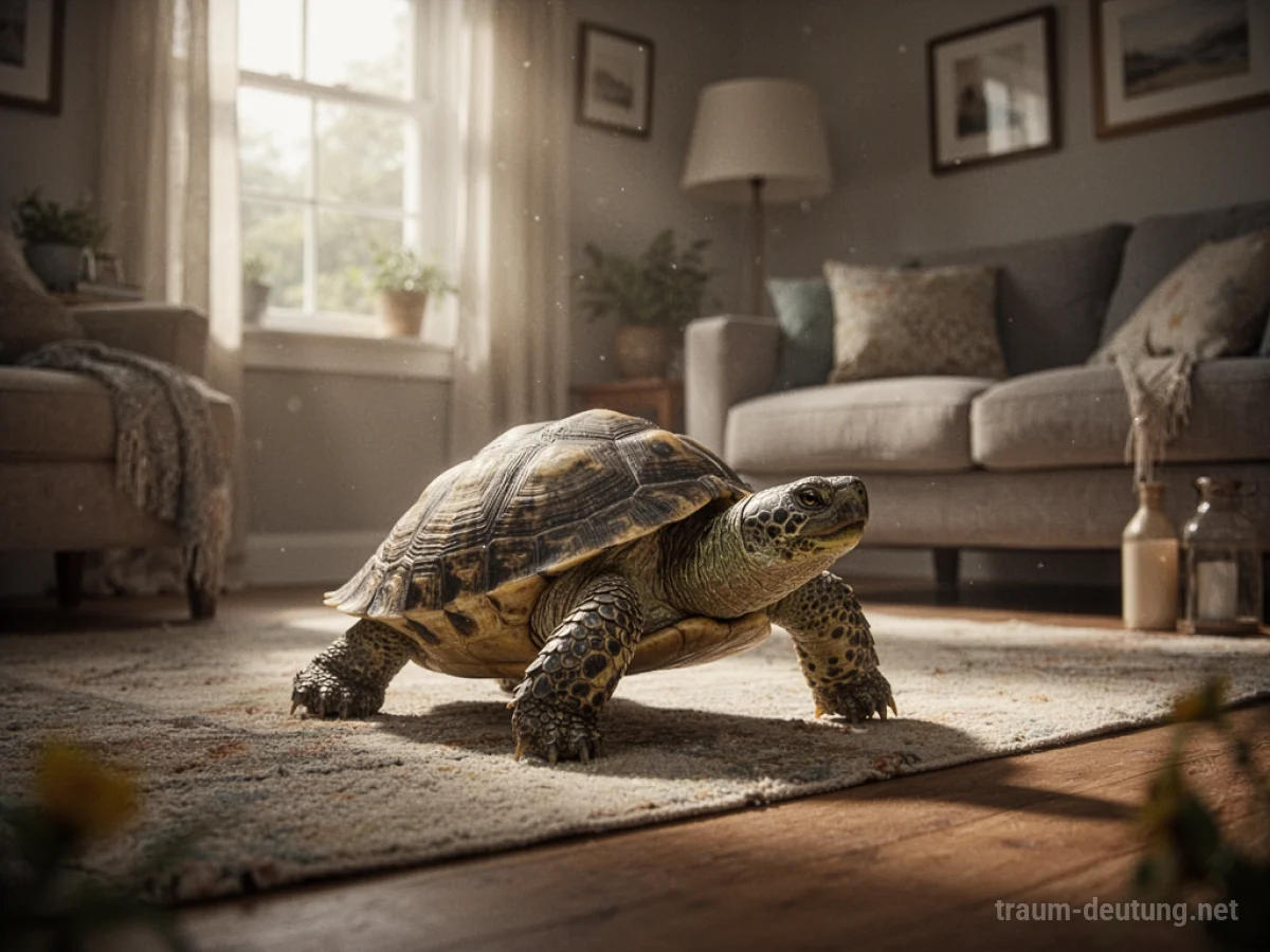 Eine Schildkröte bewegt sich langsam durch ein helles Wohnzimmer.