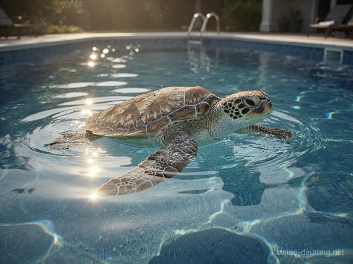 Eine Schildkröte schwimmt ruhig in einem blauen Pool.