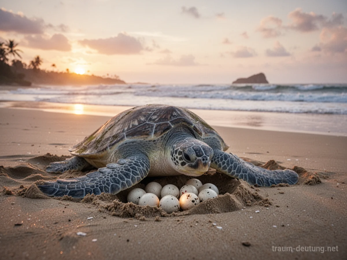 Schildkröte legt Eier am Strand im Morgengrauen