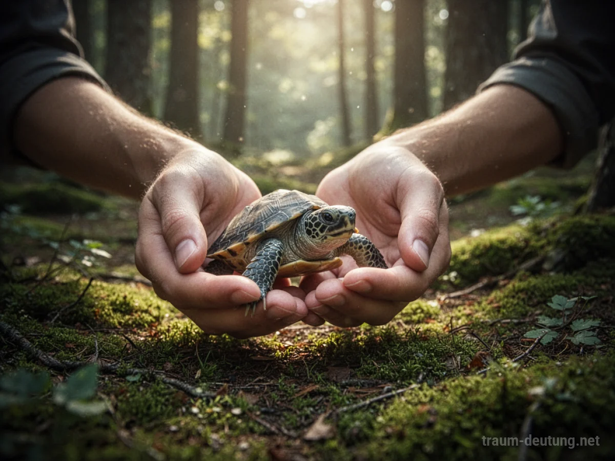 Hände, die eine kleine Schildkröte auf moosigem Waldboden behutsam halten.