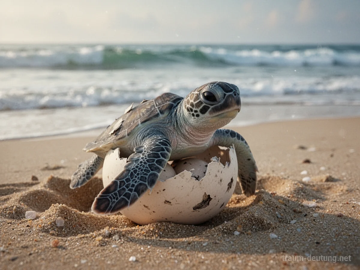 Eine kleine Schildkröte schlüpft aus ihrem Ei am Strand.