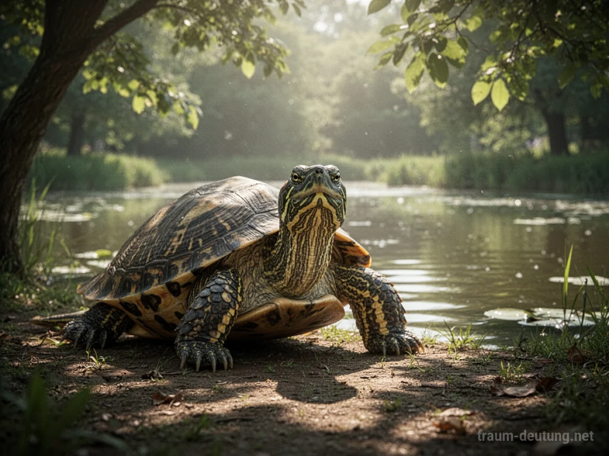 Schildkröte spricht im Traum an einem ruhigen Teich