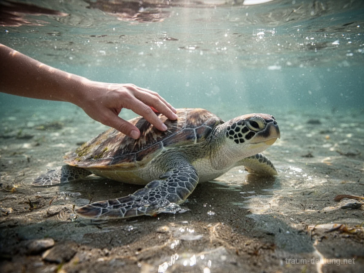 Hand streichelt sanft den Panzer einer Schildkröte im Wasser