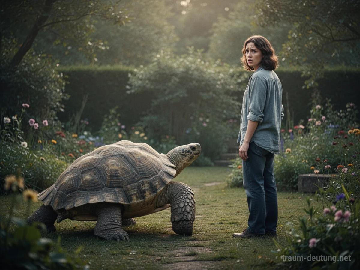 Eine Schildkröte nähert sich einer Person, die besorgt zurückblickt.
