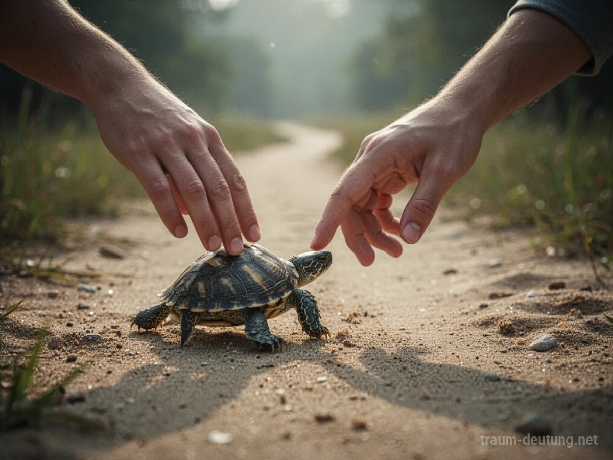 Eine Hand versucht eine wegschleichende Schildkröte zu berühren.