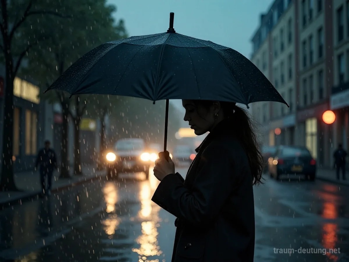 Person kämpft mit einem nicht aufgehenden Schirm im starken Regen.
