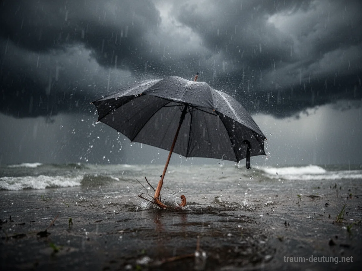 Ein einzelner Schirm kämpft im Sturm gegen Regen und Wind unter dunklen Wolken.