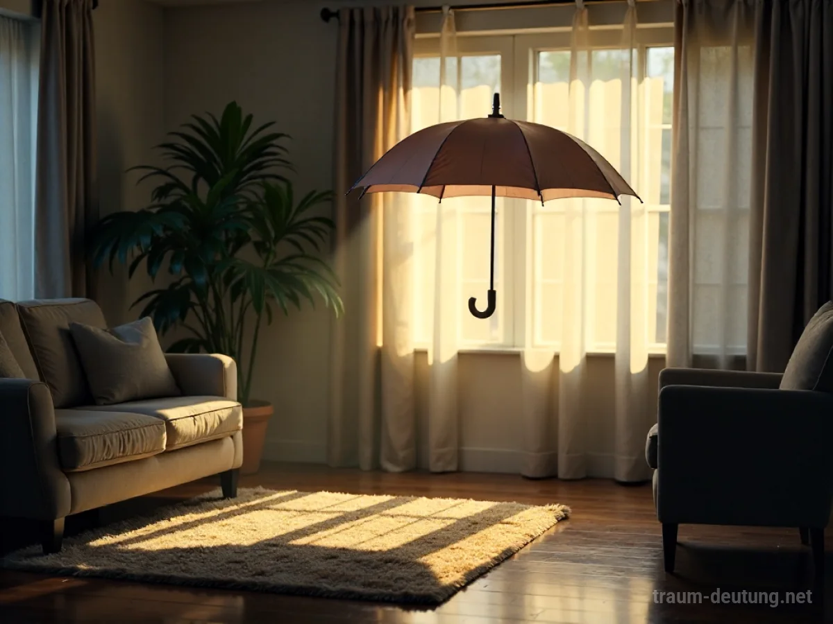 Offener Schirm steht mitten in einem Wohnzimmer.
