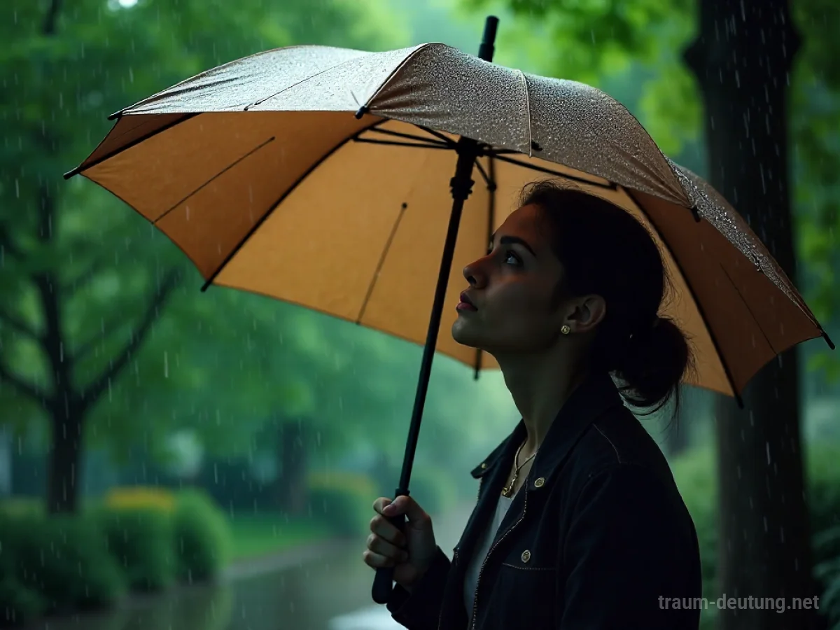 Eine Person öffnet einen Regenschirm im Regen und blickt nachdenklich nach oben.