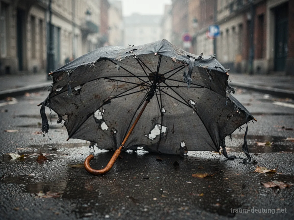 Umgeklappter Regenschirm liegt auf nasser Straße.
