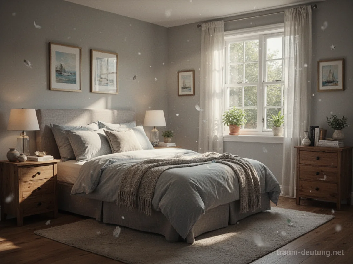 Aufgeräumtes Schlafzimmer mit Sonnenlicht, das Ordnung und Ruhe symbolisiert.