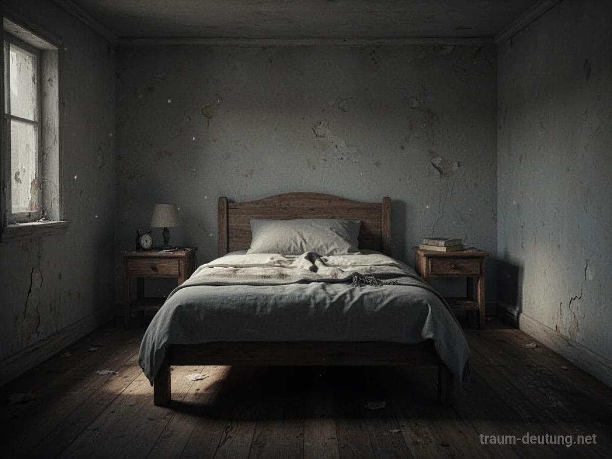 Ein leeres Schlafzimmer ohne Fenster, spärlich beleuchtet.
