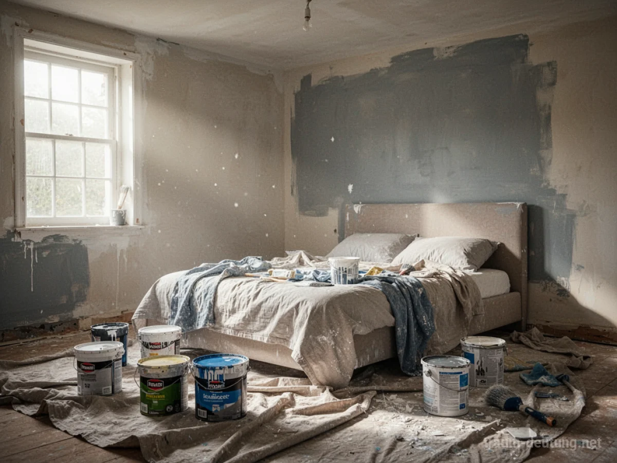 Ein Schlafzimmer im Umbau mit Farbeimern und teilrenovierten Wänden.
