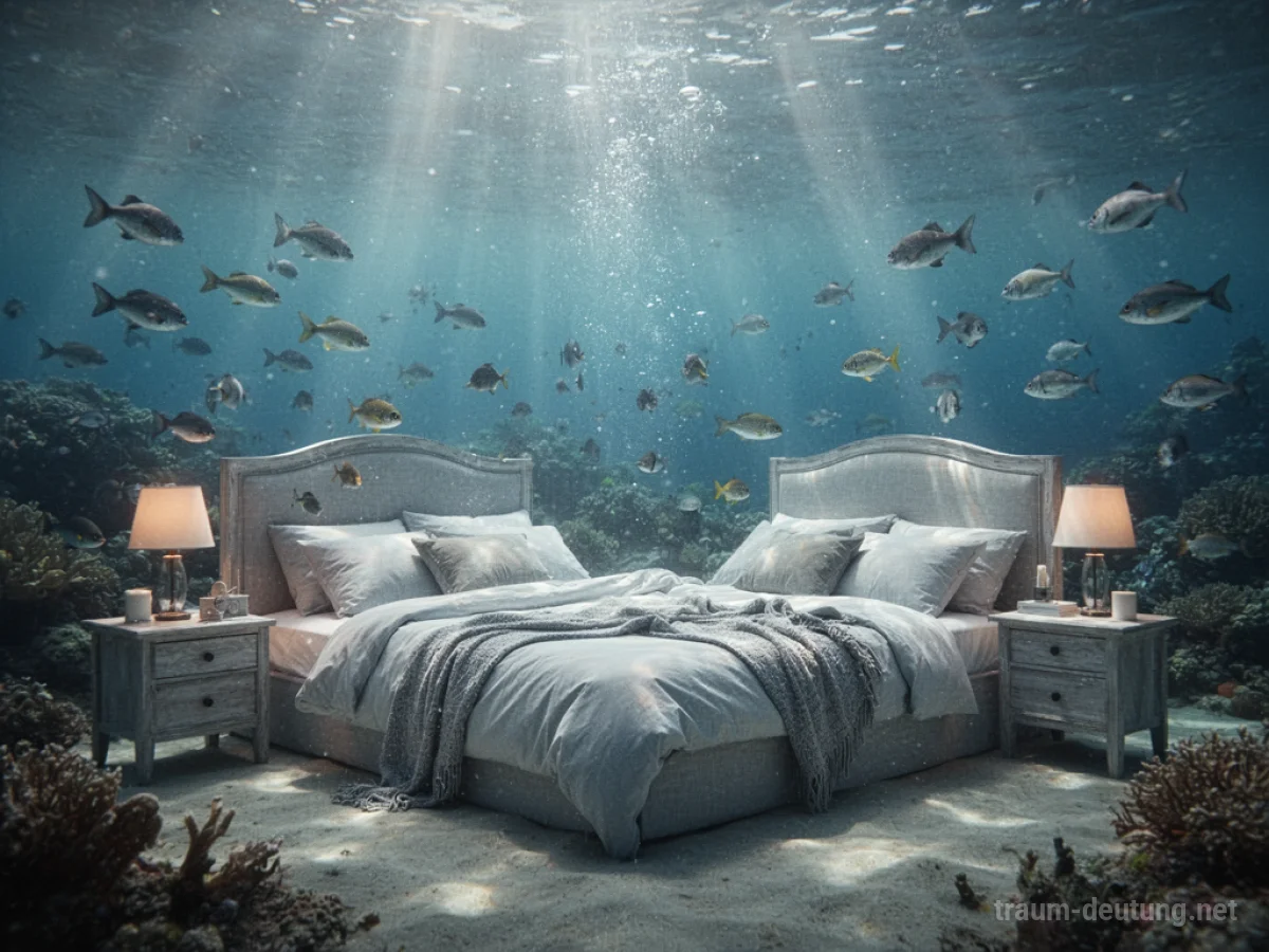 Ein Schlafzimmer, das vollständig von Wasser umgeben ist, Fische schwimmen hindurch.
