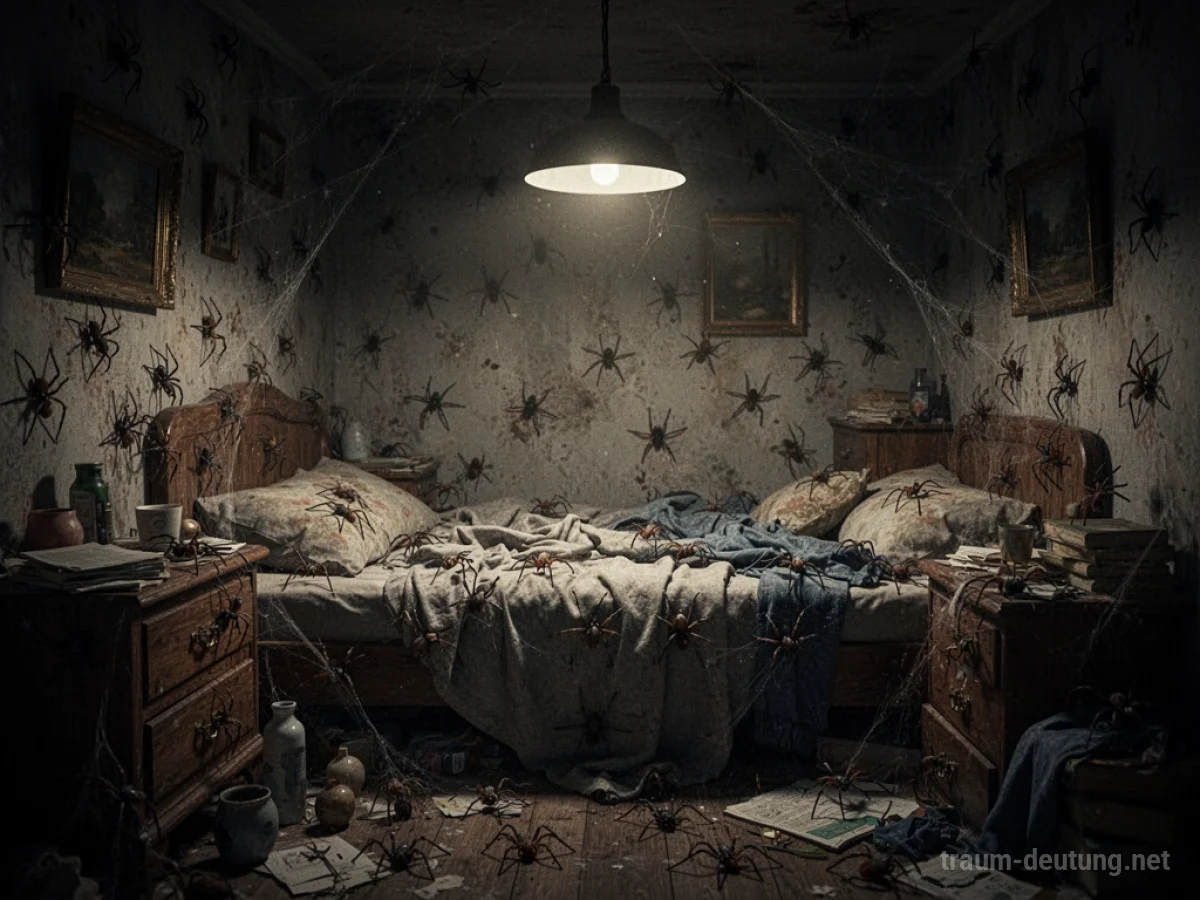 Ein dunkles, unordentliches Schlafzimmer mit vielen Spinnen an Wänden und Möbeln.
