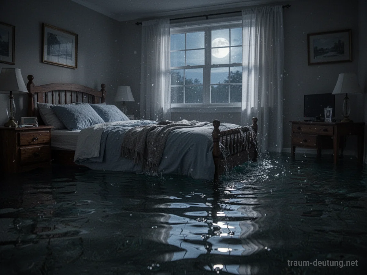 Ein Schlafzimmer, dessen Boden langsam mit klarem Wasser bedeckt wird, das Möbelstücke erreicht.