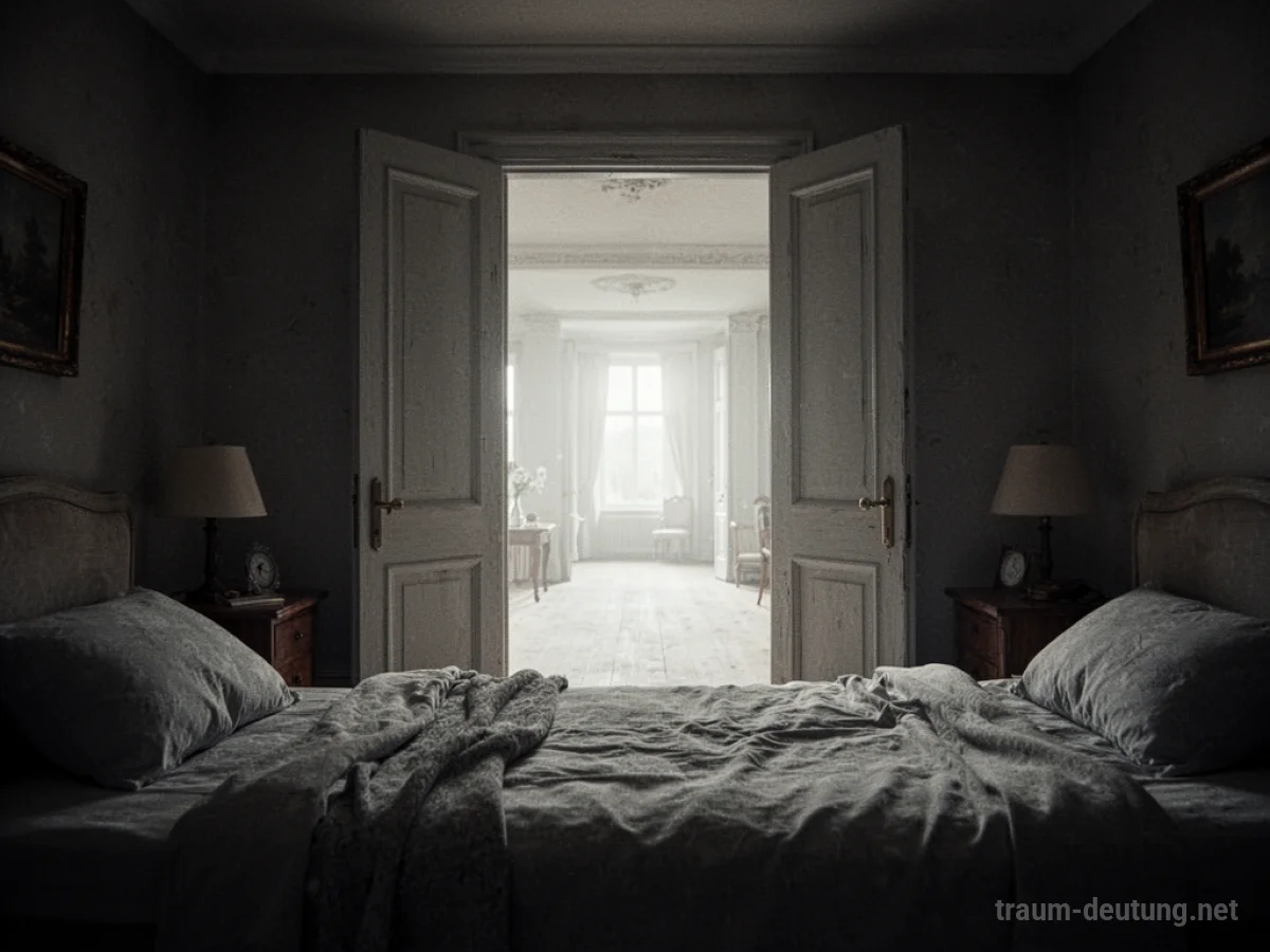 Ein größeres Schlafzimmer, das sich hinter einer offenen Tür erstreckt