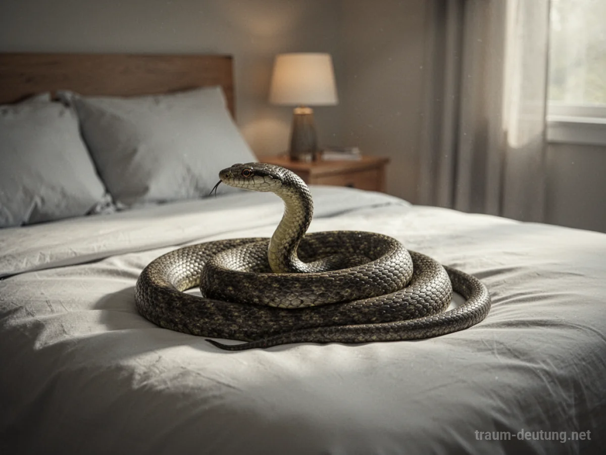Eine Schlange liegt friedlich auf einem Bett