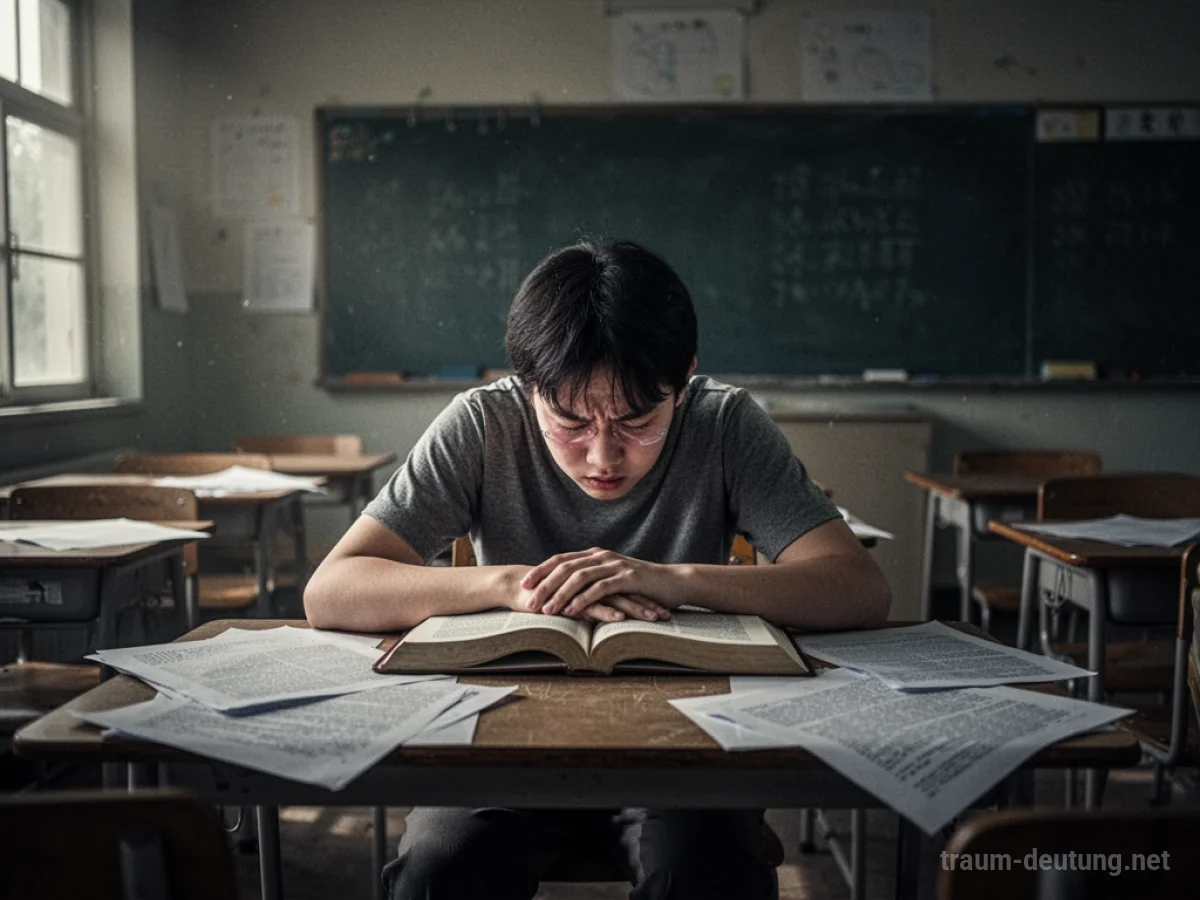 Ein Student sitzt verzweifelt über Büchern in einem dunklen Klassenzimmer.