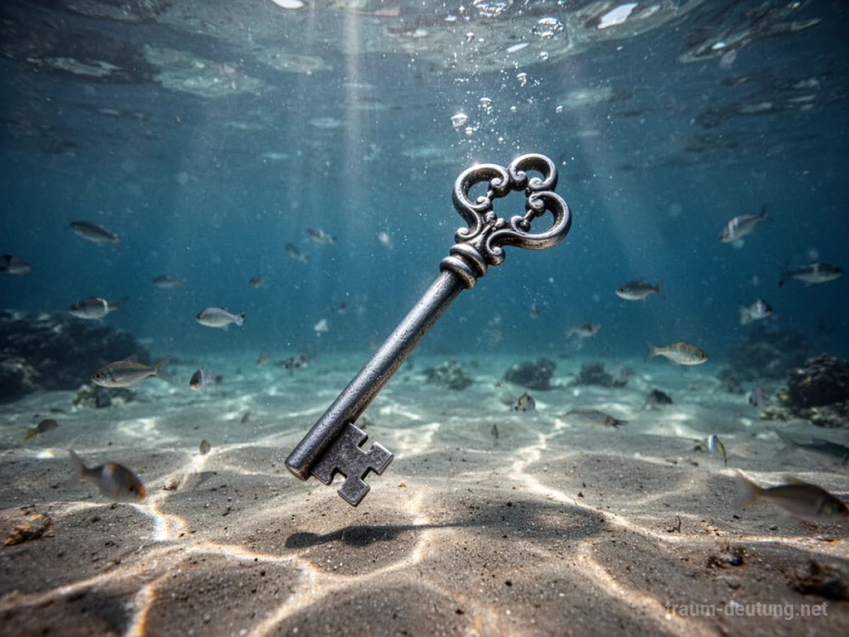 Ein glänzender Schlüssel liegt auf dem Meeresboden im Wasser.