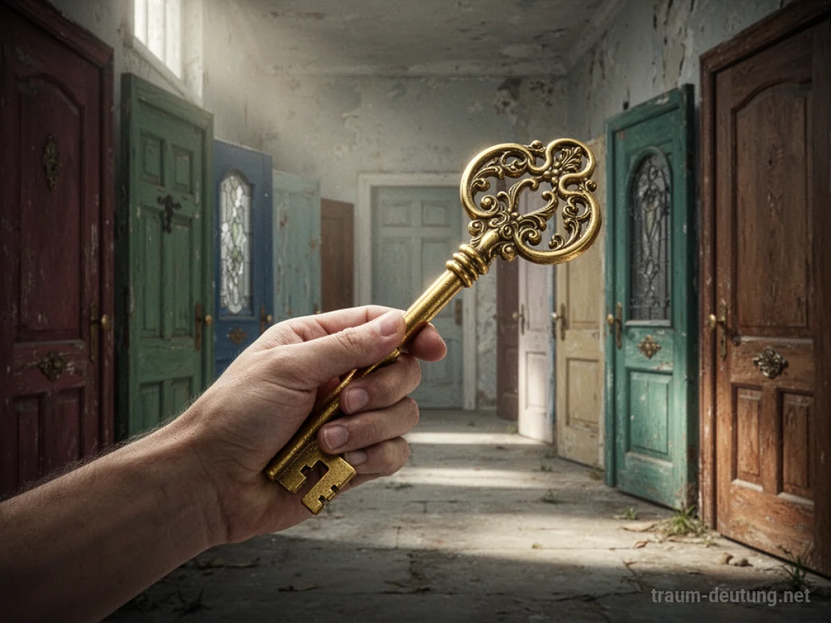 Eine Hand hält einen goldenen Schlüssel vor vielen verschiedenen Türen.