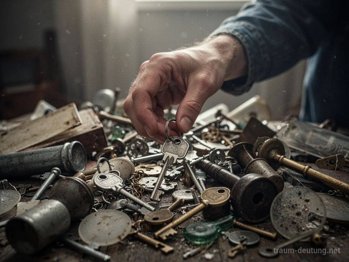 Hand sucht nach einem Schlüssel in einem Haufen von Gegenständen
