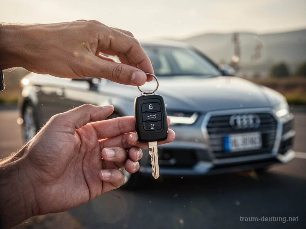 Hand hält Autoschlüssel vor einem neuen Auto
