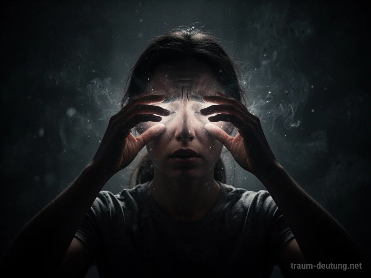 Silhouette einer Person, die sich die Augen hält, mit einem schwachen, schmerzhaften Lichtschein.