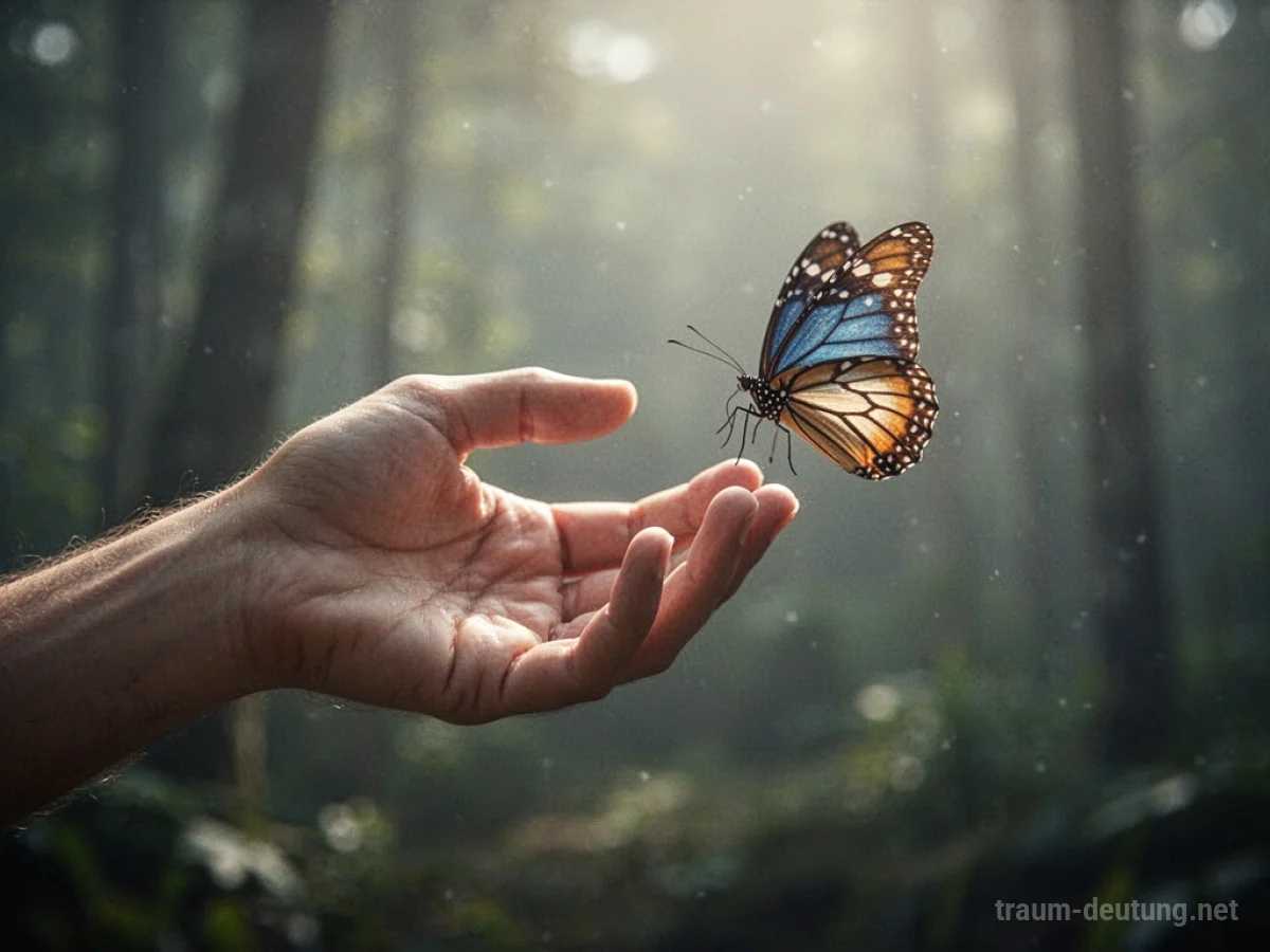 Hand greift nach einem Schmetterling, der gerade entwischt