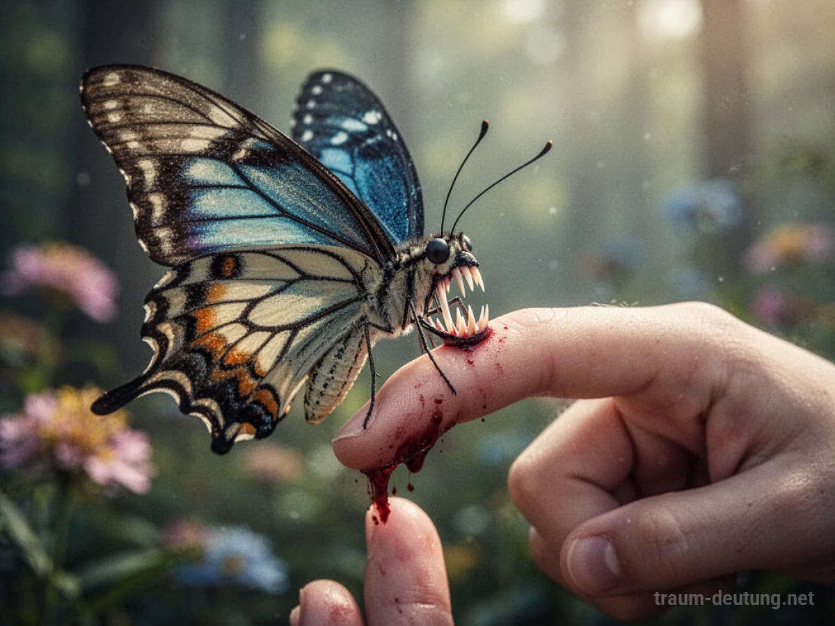 Ein Schmetterling mit sichtbaren Zähnen beißt in einen menschlichen Finger.