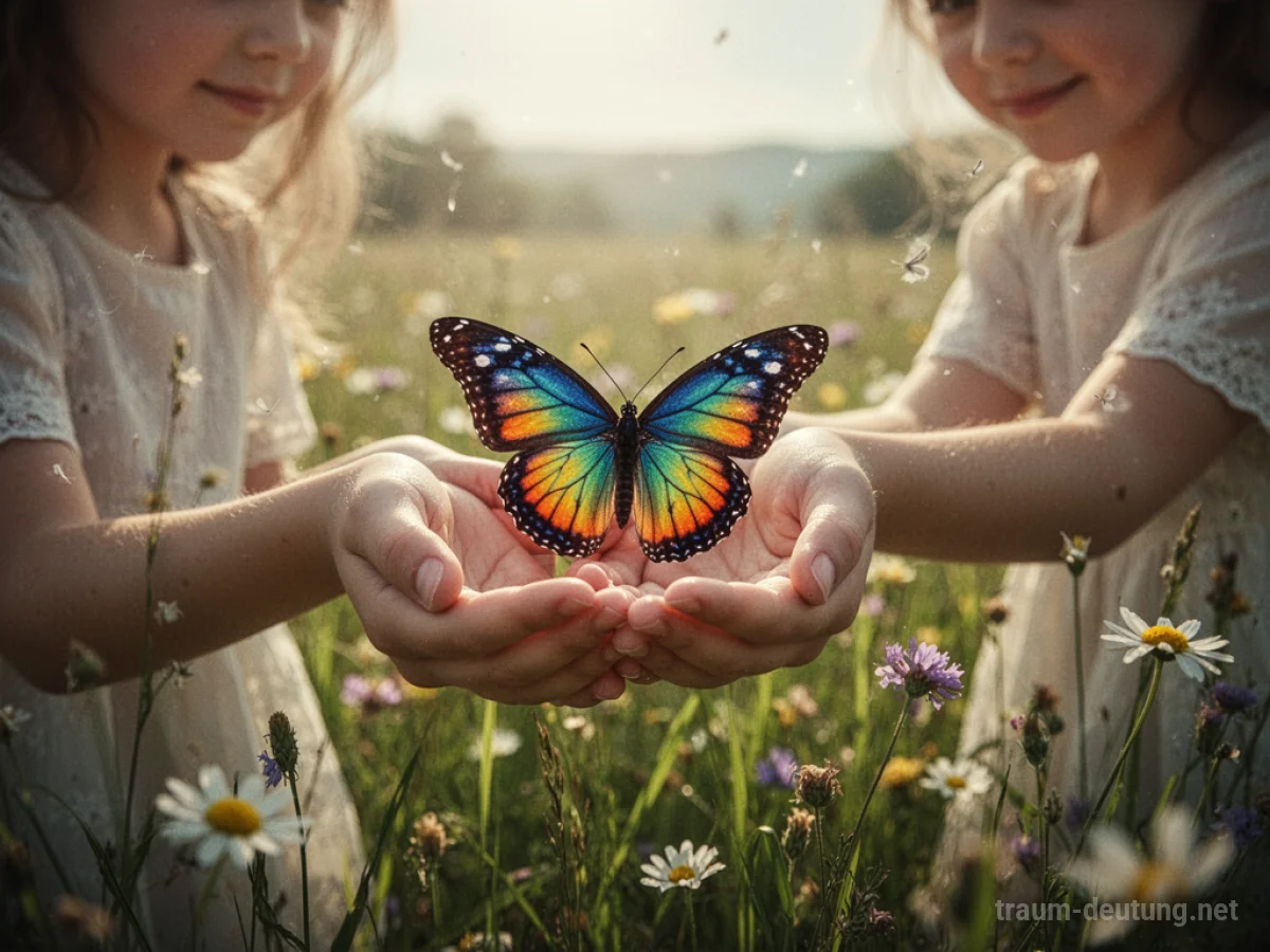 Person fängt einen bunten Schmetterling in einer sonnigen Wiese.