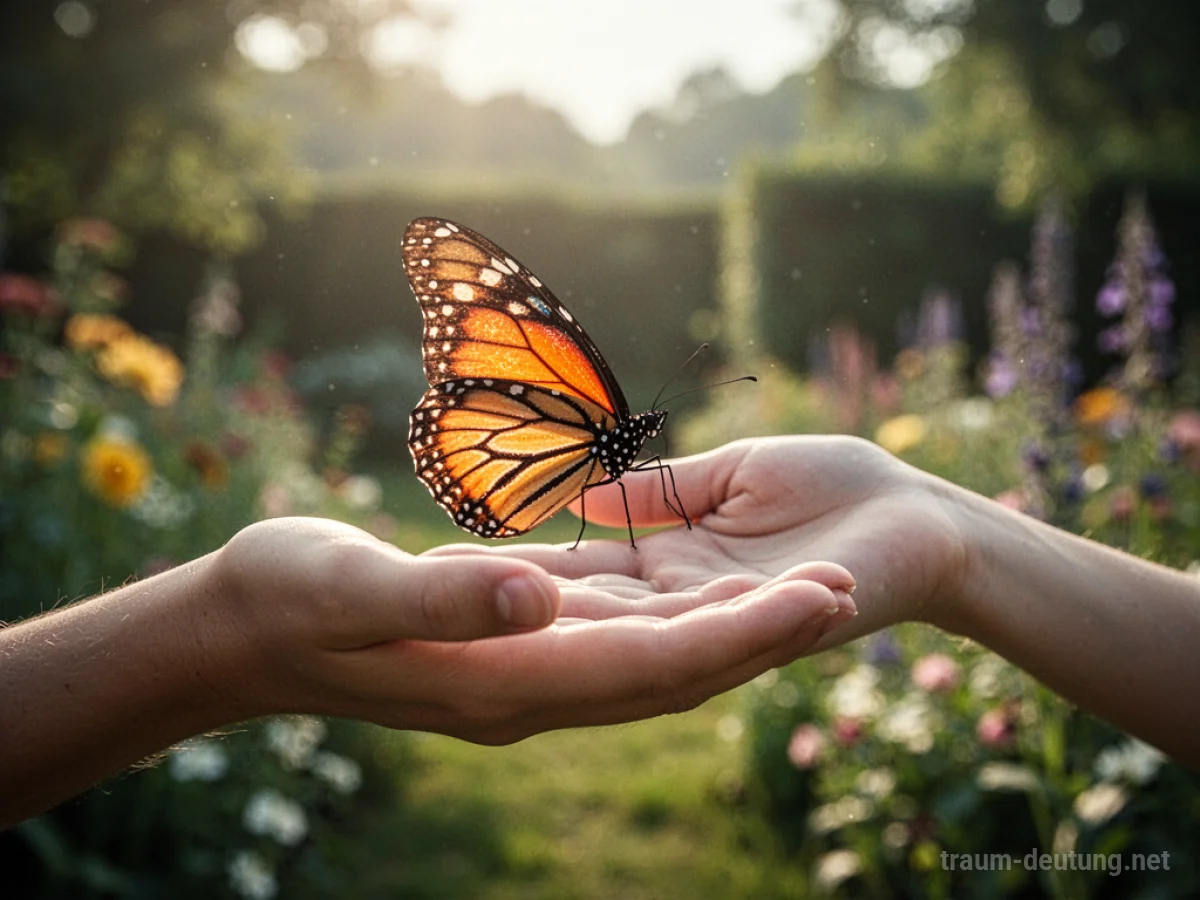 Ein bunter Schmetterling landet sanft auf einer ausgestreckten Hand.