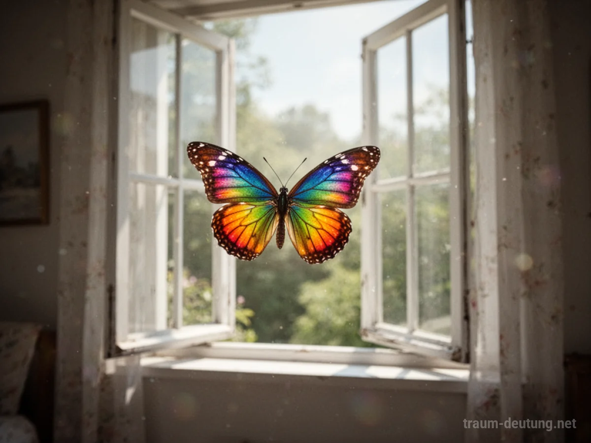 Schmetterling fliegt durch ein offenes Fenster in einen hellen Raum.