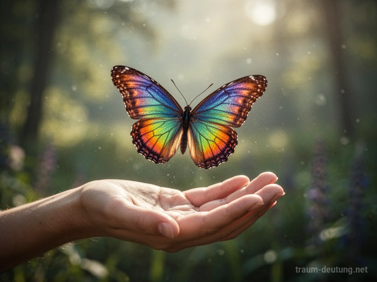 Ein Schmetterling fliegt von einer offenen Hand in die Freiheit.
