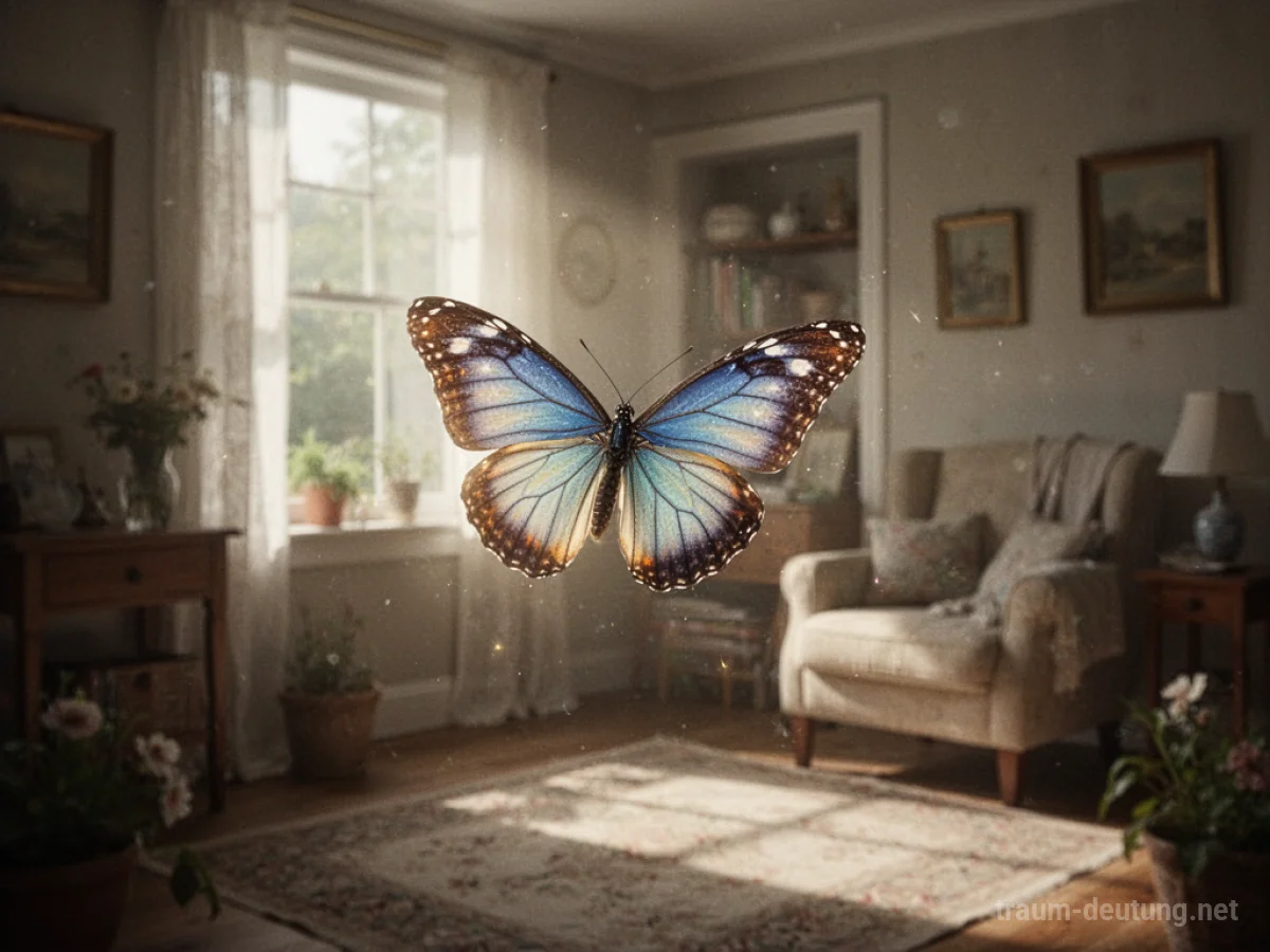 Schmetterling fliegt in einem hellen Hauszimmer
