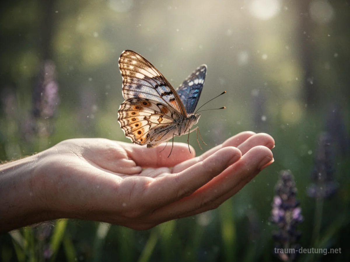 Ein Schmetterling landet sanft auf einer ausgestreckten Hand.