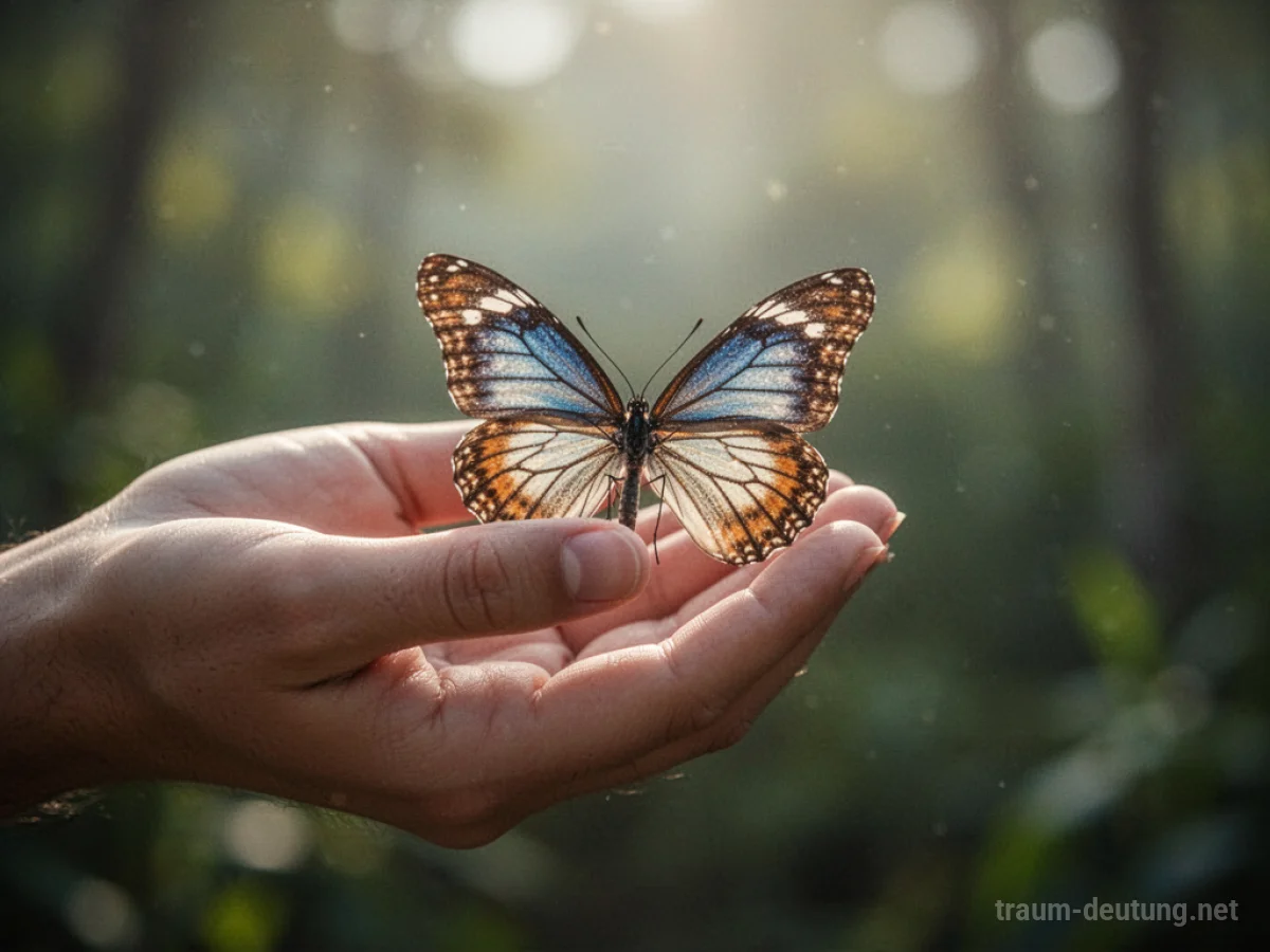 Eine sanfte Hand hält einen Schmetterling, um ihn zu schützen.
