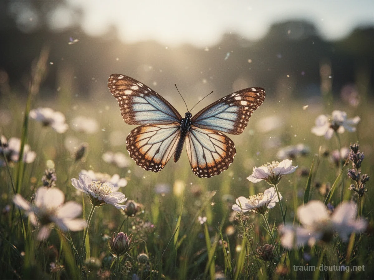 Ein Schmetterling tanzt im Sonnenlicht über einer Blumenwiese.