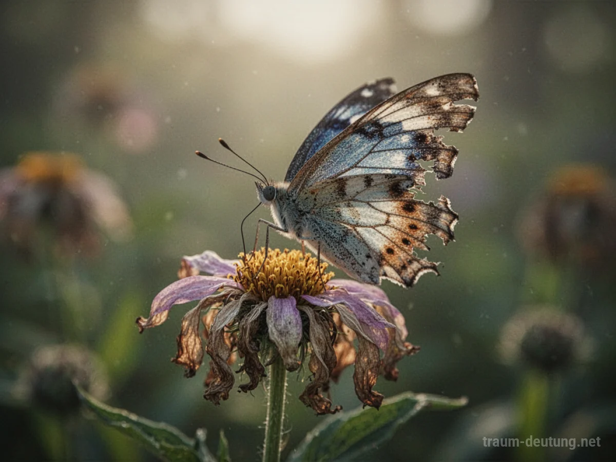 Schmetterling mit einem beschädigten Flügel sitzt auf einer Blume.