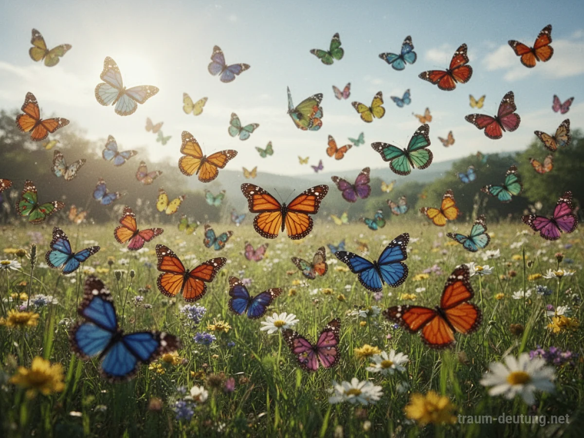 Ein großer Schwarm bunter Schmetterlinge fliegt über eine sonnige Wiese.